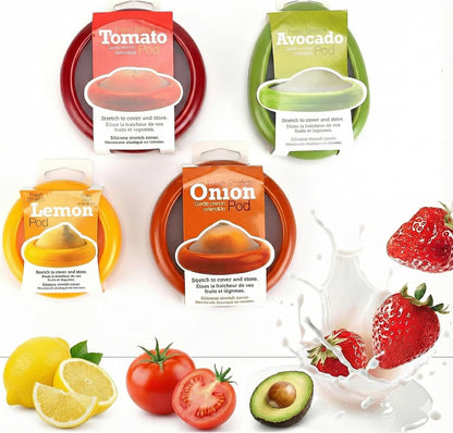 Generic Silicone Fruit And Vegetable Containers For Fridge,Reusable Holder For Food Storage,Fresh Stretch Pods For Food Saver (Green,Red,Yellow,Brown), FDPOD-02
