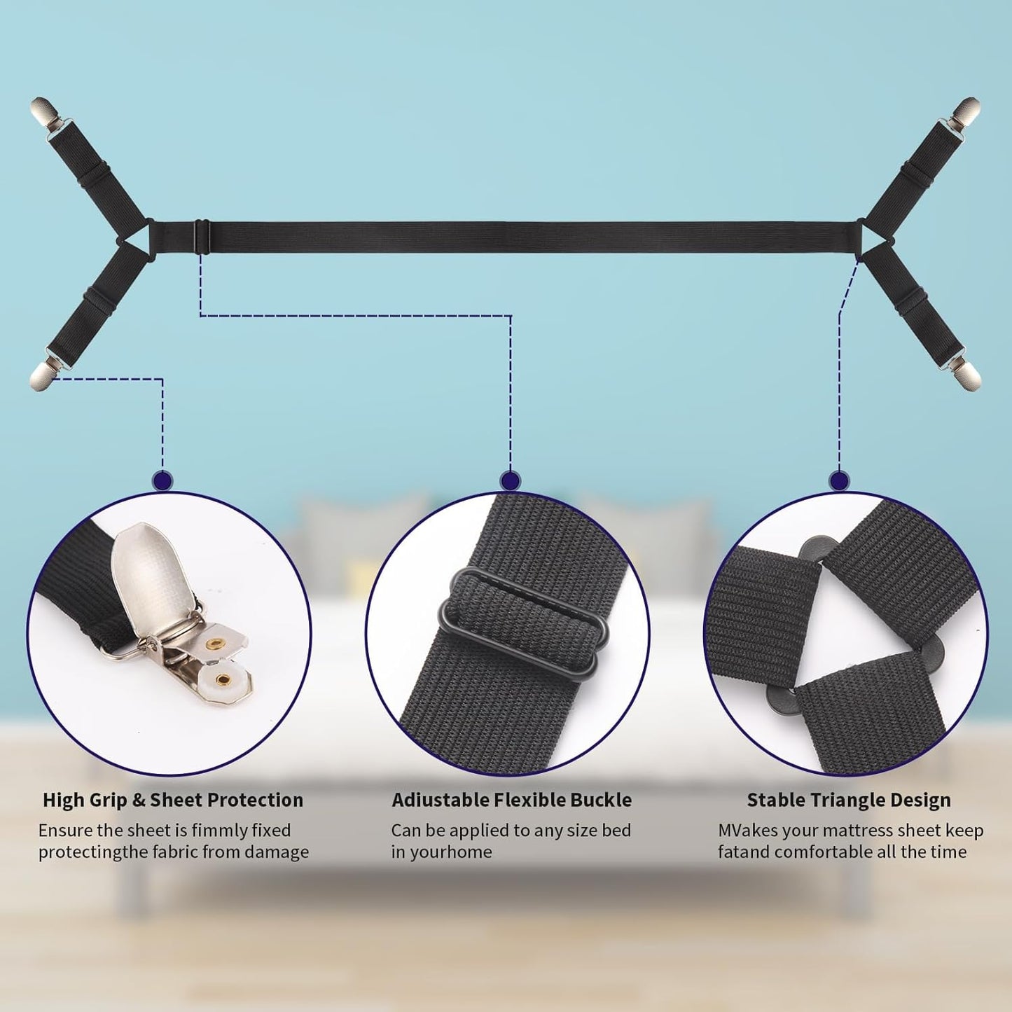 Luyena Bed Sheet Straps 3 Pack, Adjustable Elastic Bed Sheet Holders | Crisscross Design Fitted Sheet Straps for Full Size Mattress, Metal Clips with Non-Slip, Keep Tight in Place, Black