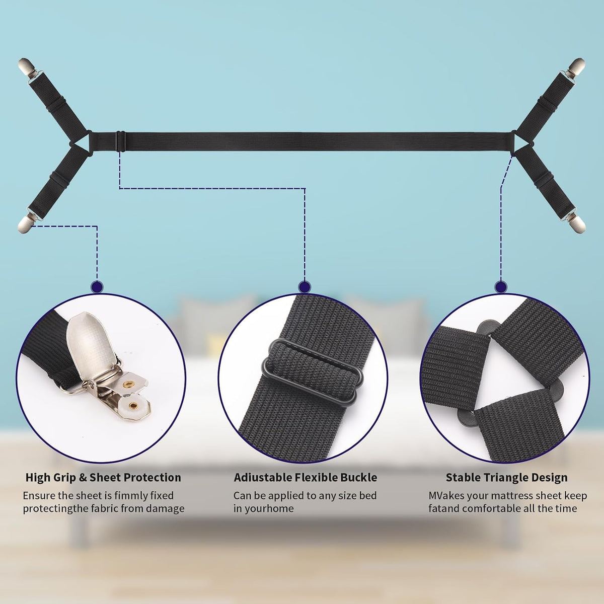 Luyena Bed Sheet Straps 3 Pack, Adjustable Elastic Bed Sheet Holders
