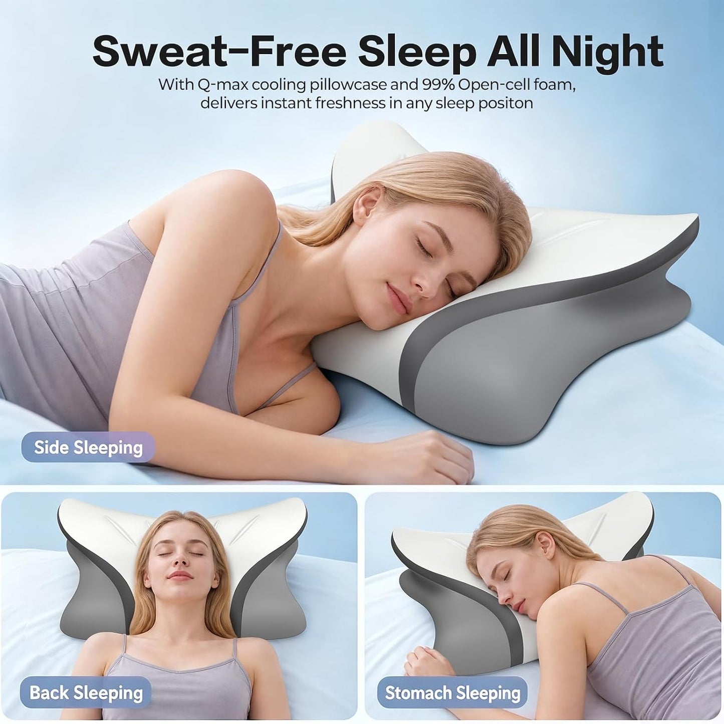 Pain Relief Cervical Neck Pillow, Ergonomic Contour | Q-Max Cooling | Non-Temperature Memory Foam | Side/Back/Stomach Sleeper Support for Sleeping, Reading, Scrolling,(White&Grey)