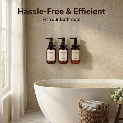 Shampoo and Conditioner Dispenser - Shower Soap Dispenser 3 Chamber No Drill - Bathroom Soap Dispenser Wall Mount Adhesive - Clear PET Bottles with Nature Bamboo Pumps Set Refillable 1500ml