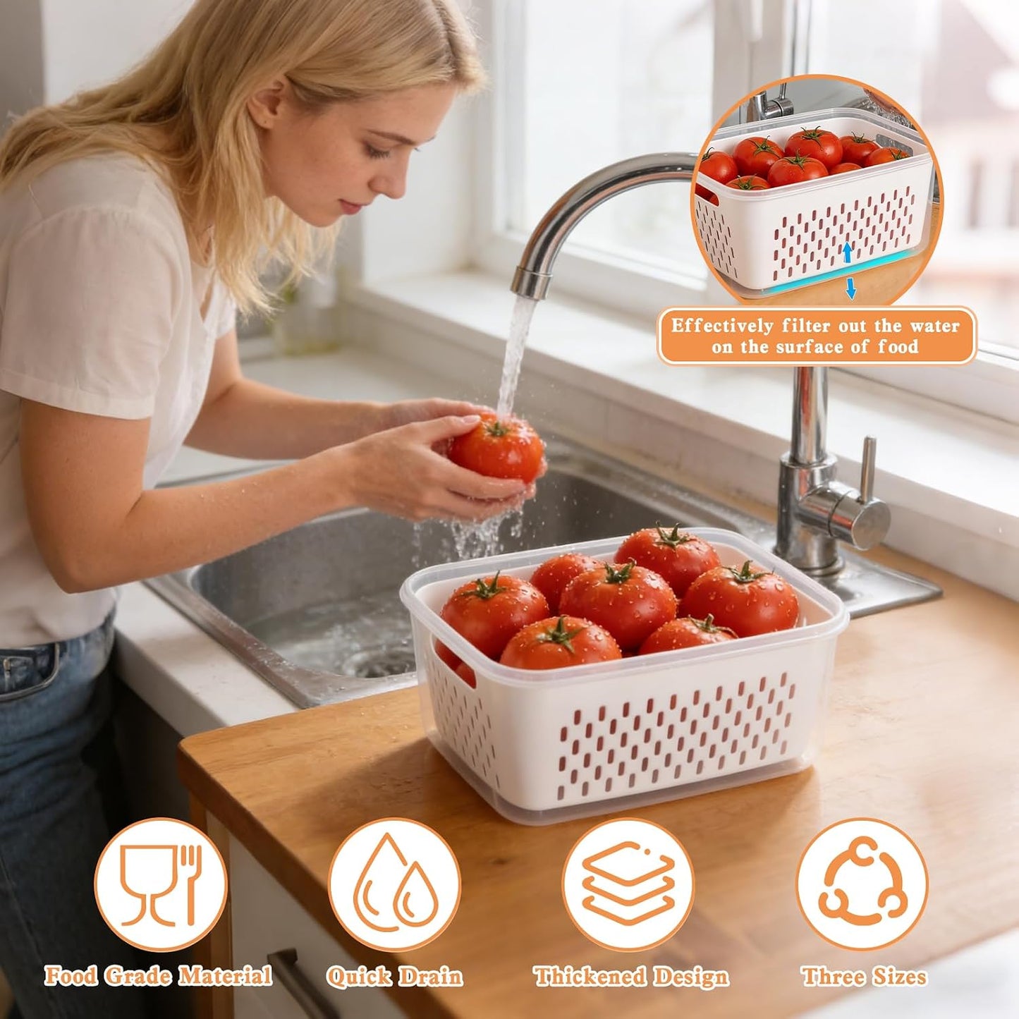 3PCS Fruit Storage Containers, Fruit Storage Containers With Lid And Colander, Household Transparent Plastic Food Storages Box-Including Drain Basket, Multipurpose Large For Fridge
