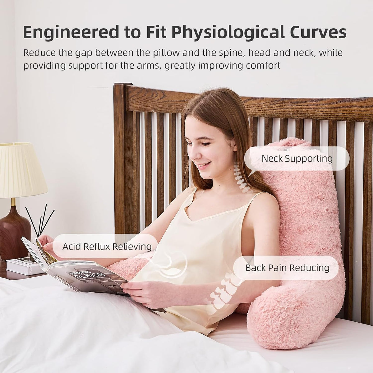 Reading Pillow, Rose Velvet Back Pillow with Arms for Bed Sitting Up, Bed Pillow for Adult Children, Backrest Pillows with Washable Cover, Chair Pillow for Watching TV/Gaming/Relaxing (Pink)