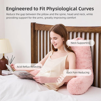 Reading Pillow, Rose Velvet Back Pillow with Arms for Bed Sitting Up, Bed Pillow for Adult Children, Backrest Pillows with Washable Cover, Chair Pillow for Watching TV/Gaming/Relaxing (Pink)