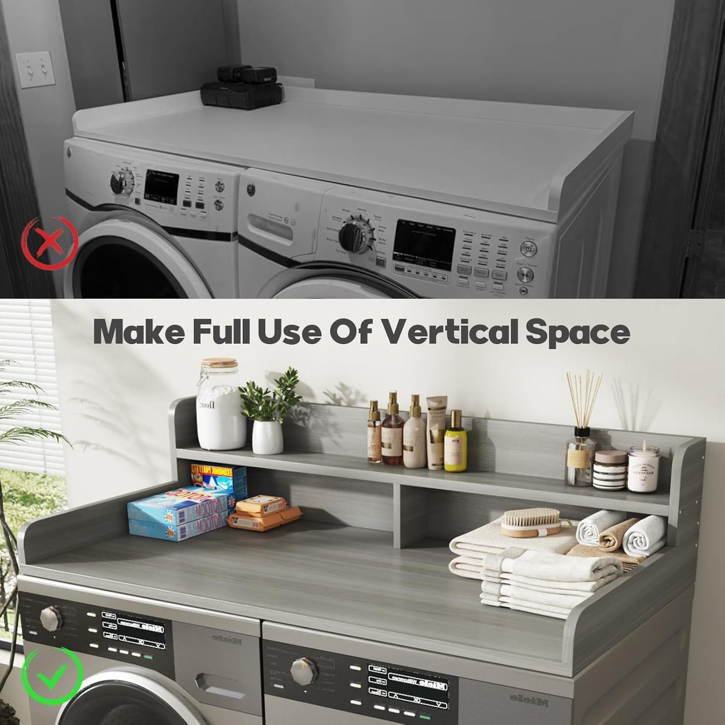 2-Tier Washer and Dryer Countertop with 2.75" H Guard,54" W x 27.5" D Laundry Countertop Cover with Non-Slip Pad,Large Space Laundry Topper for Folding Clothes Over Washer and Dryer-White