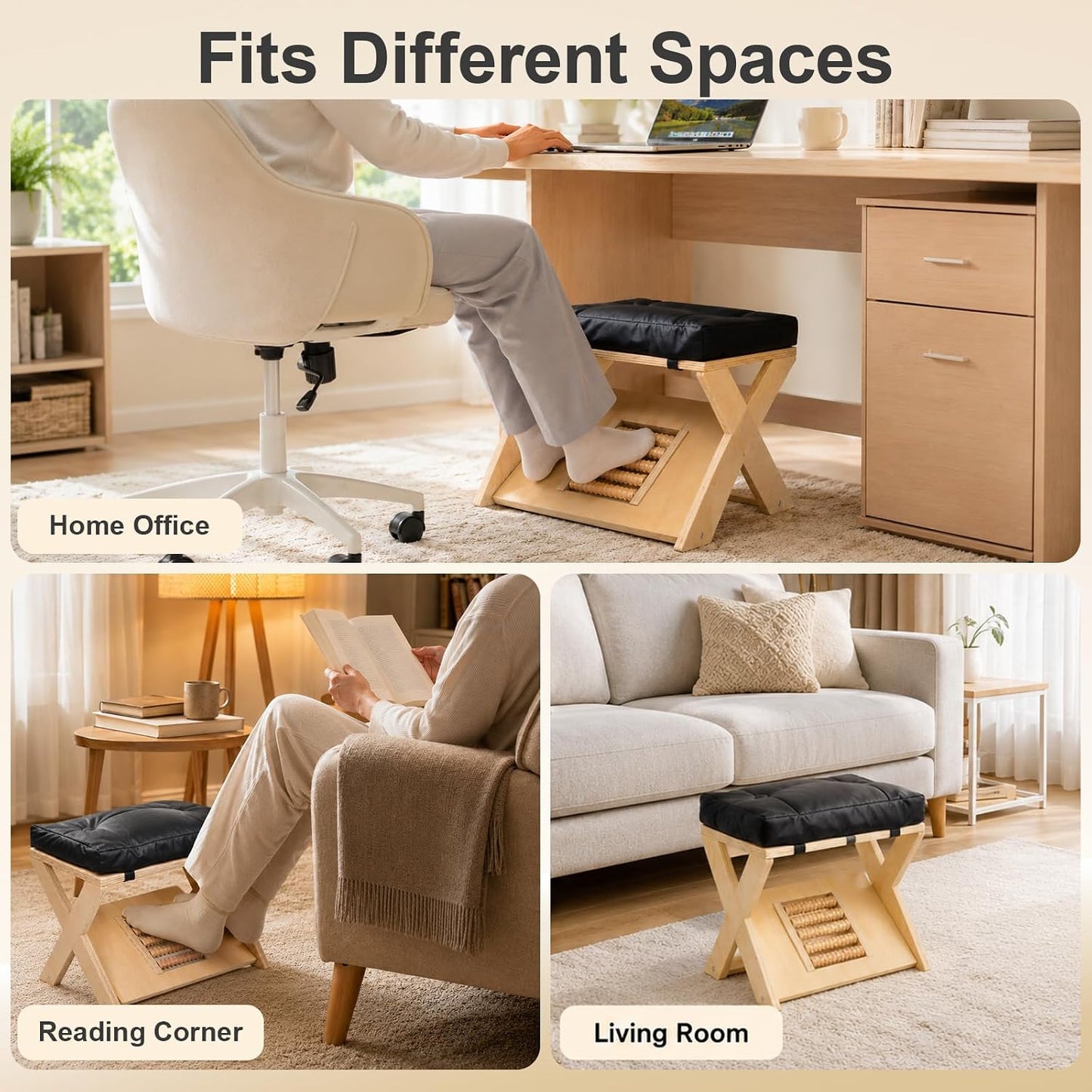 Double Step Footrest, Adjustable Wooden Foot Stool Under Desk with Massage Roller Footboard and Cushioned Top, Under Desk Footrest for Home Office
