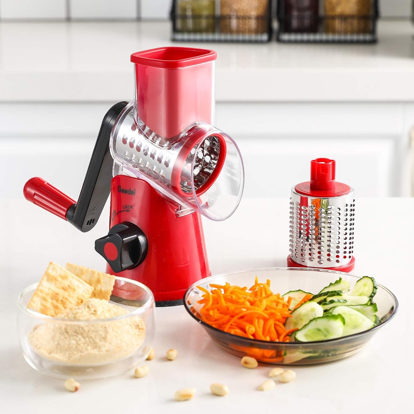 Geedel Rotary Cheese Grater, Kitchen Mandoline Vegetable Slicer with 3 Interchangeable Blades, Easy to Clean Rotary Grater Slicer for Fruit, Vegetables, Nuts | 3 Blades, 430 Stainless Steel, 12x Fast Cutting, Strong Suction Base, No BPA, Dishwasher Safe,