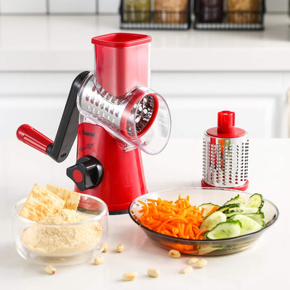 Geedel Rotary Cheese Grater, Kitchen Mandoline Vegetable Slicer with 3 Interchangeable Blades, Easy to Clean Rotary Grater Slicer for Fruit, Vegetables, Nuts | 3 Blades, 430 Stainless Steel, 12x Fast Cutting, Strong Suction Base, No BPA, Dishwasher Safe,