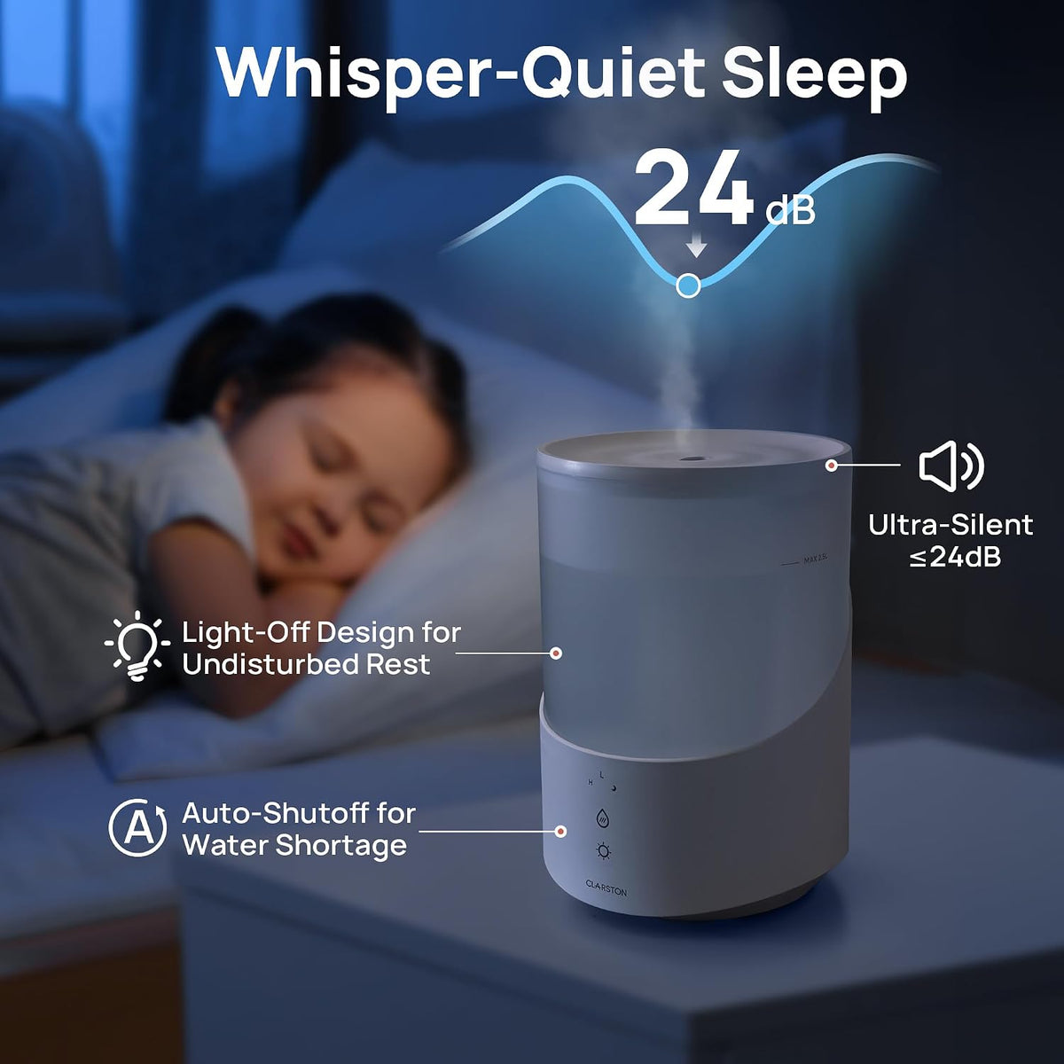 Clarston Humidifiers for Bedroom, 2L Cool Mist Humidifier, 24dB Quiet Sleep