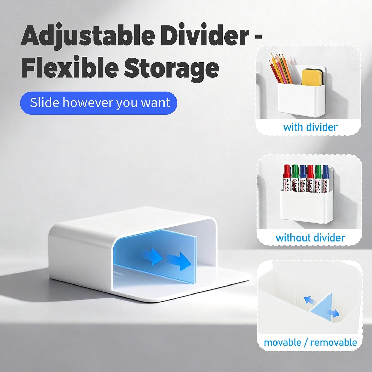 2 Pack Magnetic Pen Holder for Refrigerator & Whiteboard, Full-Back Magnet Dry Erase Marker Holder with Adjustable Divider, Magnetic Marker Holder for White Board Office Desk Locker Accessories, Black