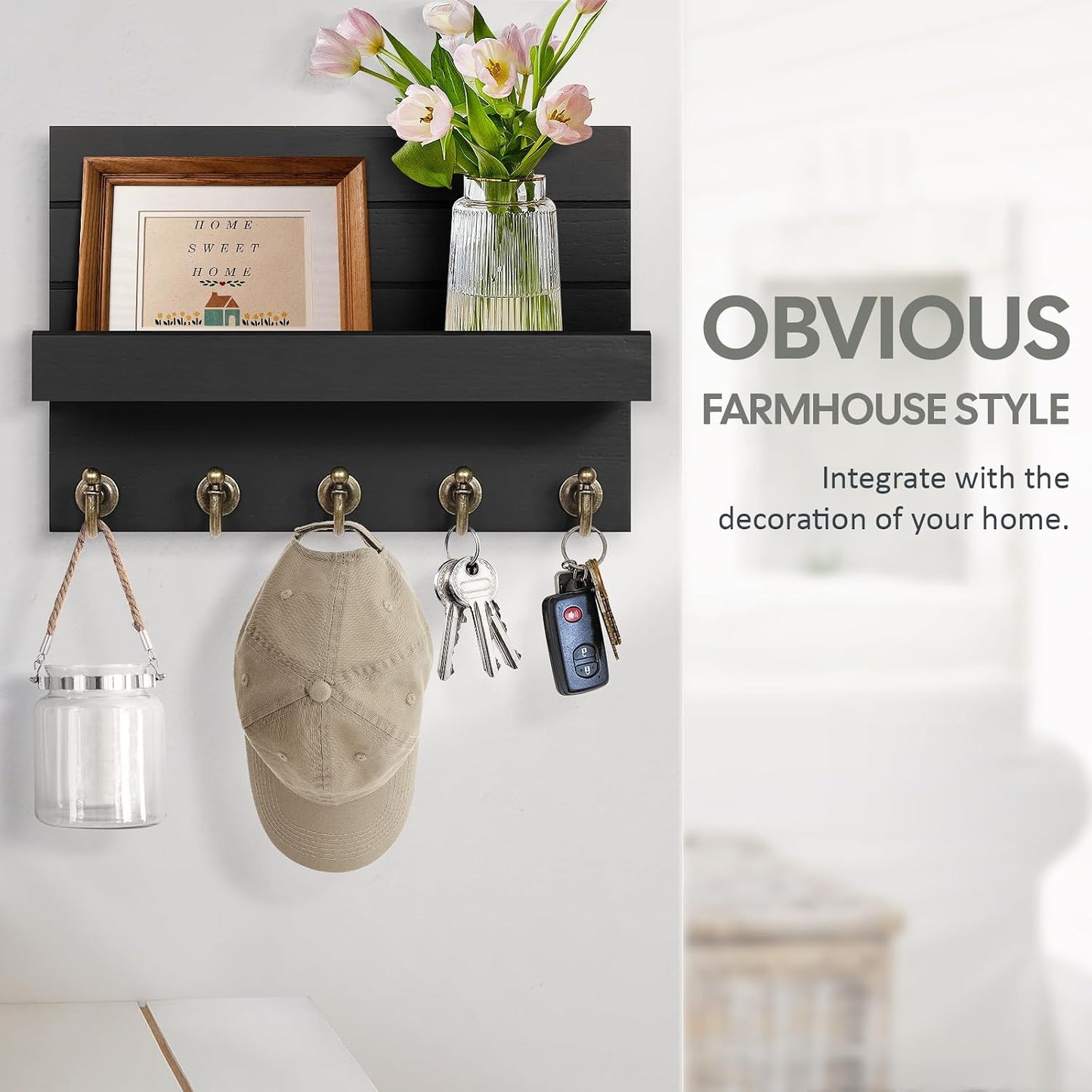 HONJIN Key Holder Wall Mount with Shelf and 5 Sturdy Key Hooks (White) | Key and Mail Holder Wall Mount, Wooden Entryway Organizer and Decorative, Easy Installation, 10*3.8*6.85 Inch
