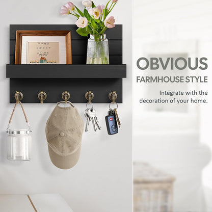 HONJIN Key Holder Wall Mount with Shelf and 5 Sturdy Key Hooks (White) | Key and Mail Holder Wall Mount, Wooden Entryway Organizer and Decorative, Easy Installation, 10*3.8*6.85 Inch