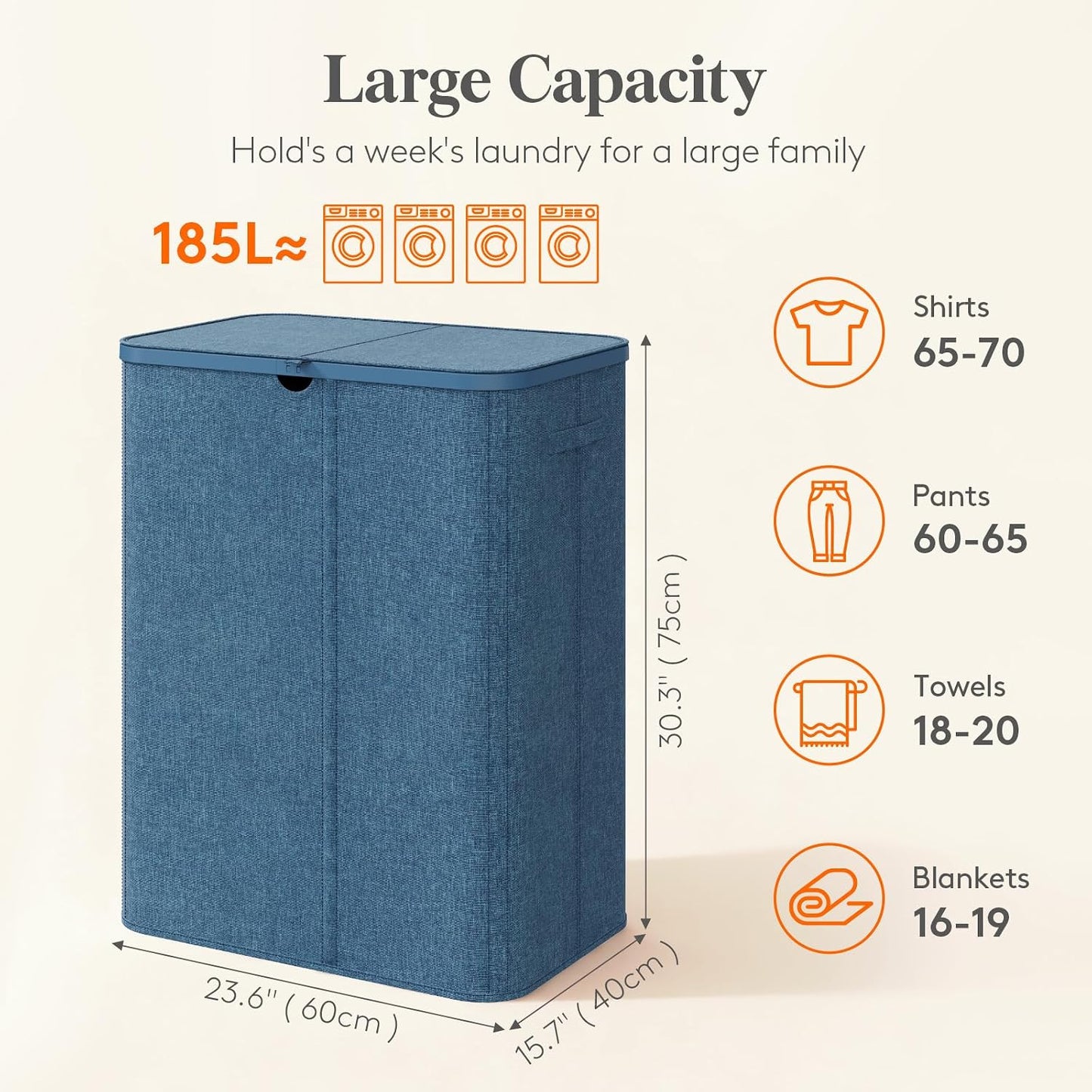 Lifewit 185L 3 Section Laundry Hamper with Lid, Laundry Basket, Beige | Large Foldable Laundry Sorter with 3 Removable Bags, Tall Clothes Hamper for Bedroom and Bathroom