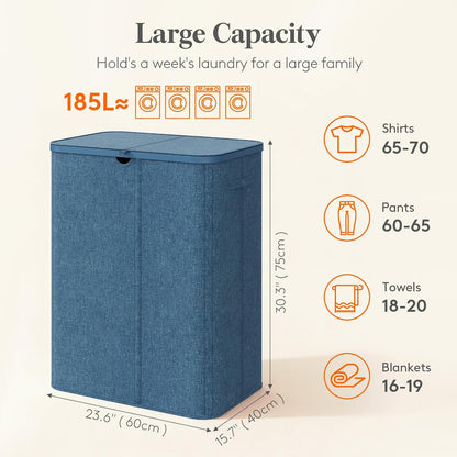 Lifewit 185L 3 Section Laundry Hamper with Lid, Laundry Basket, Beige | Large Foldable Laundry Sorter with 3 Removable Bags, Tall Clothes Hamper for Bedroom and Bathroom