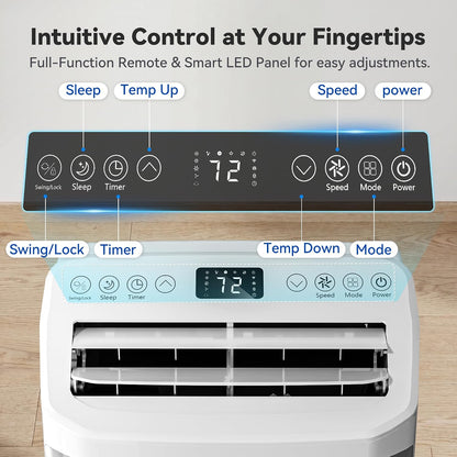 14000BTU Portable Air Conditioner, 4-in-1 700 Sq. Ft, Quiet for room | 14000BTU AC cools 700sq.ft, 4-in-1 cool/fan/dry/sleep, quiet, LED, remote, 24H timer, kit, for bed/office/dorm.