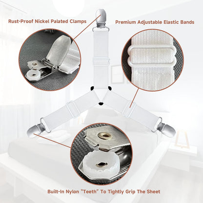 Bed Sheet Straps, Upgrade Fitted Bed Sheet Holders for Corners, Non Slip Sheet Clips White 4Pcs