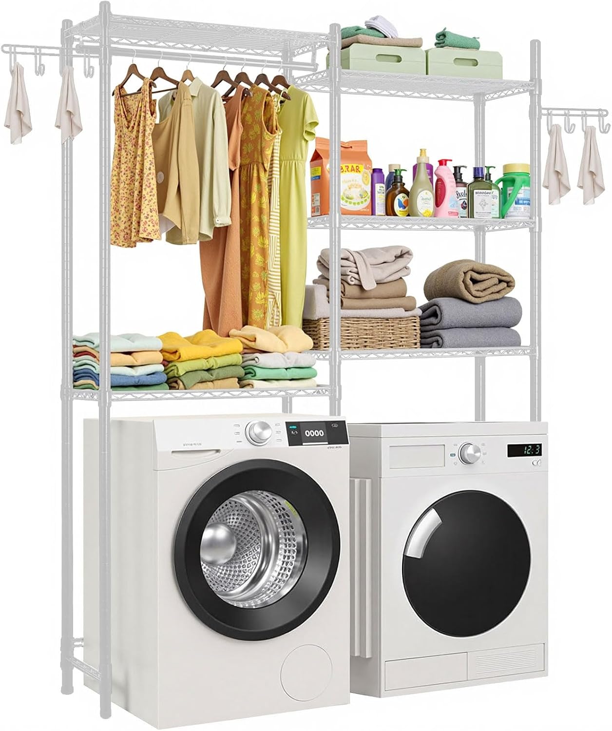 VEVOR Over the Washer and Dryer Storage Shelf, 5 Tier Laundry Room Drying Rack with Hanger Rod and Hooks, Adjustable Over Washer and Dryer Shelves, Laundry Room Shelf Storage Space Saver, White