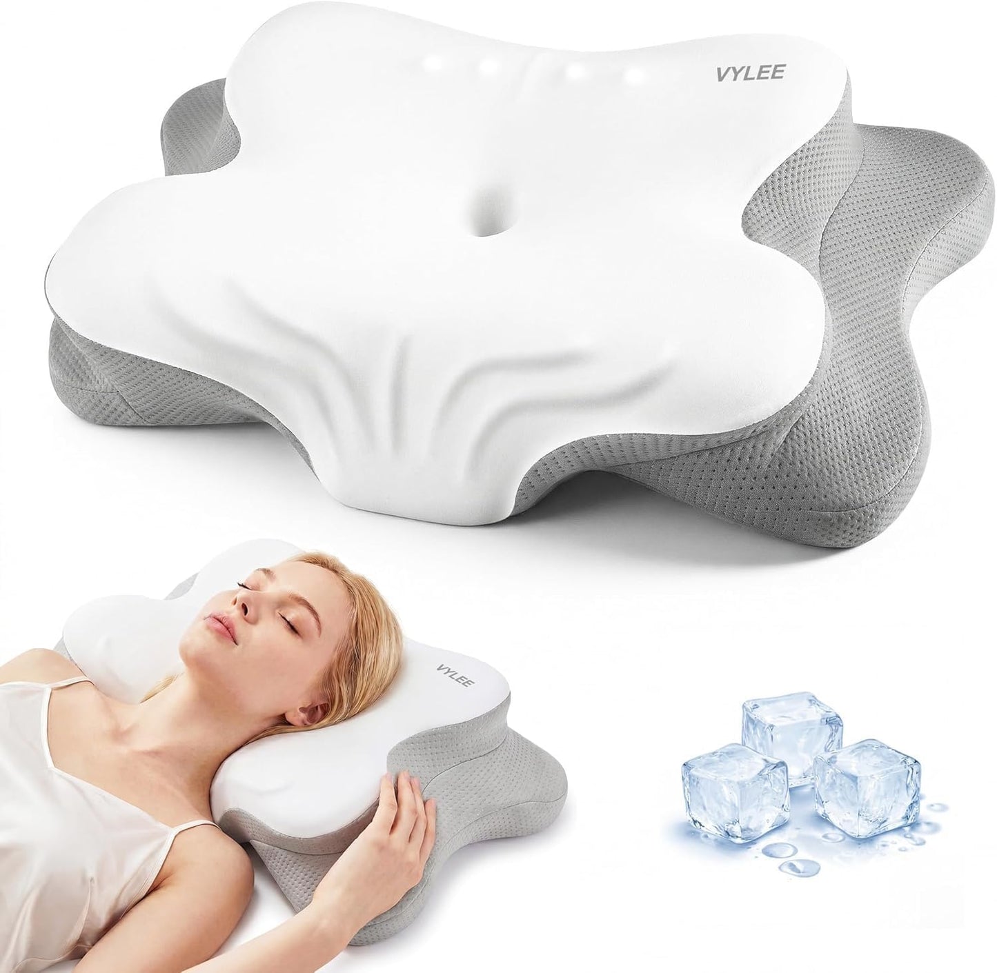 VYLEE Cervical Neck Pillow for Pain Relief, Ergonomic Memory Foam Pillow for Neck Support, Cooling Contour Orthopedic Pillow for Side, Back & Stomach Sleepers | Ergonomic contour pillow supports proper neck alignment for side, back & stomach sleepers