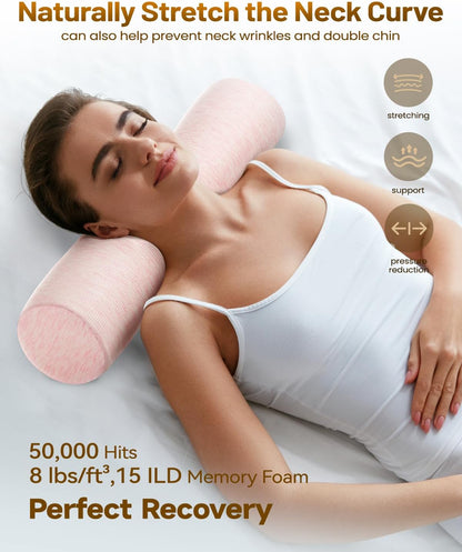 Memory Foam 4" Round Pillow, Cervical Neck Pillow for Pain Relief, Cylinder Pillows 18"x 4", Removable Cover, Neck Roll Pillow for Sleeping, Velvet Dots, Grey