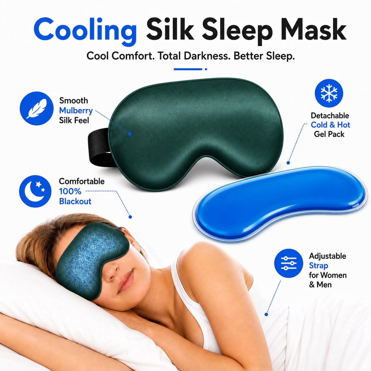 Silk Sleep Mask with Cooling Gel | Pure Mulberry Silk, Adjustable Strap, Superior Light Blocking, Includes Removable Ice Pack & Earplugs