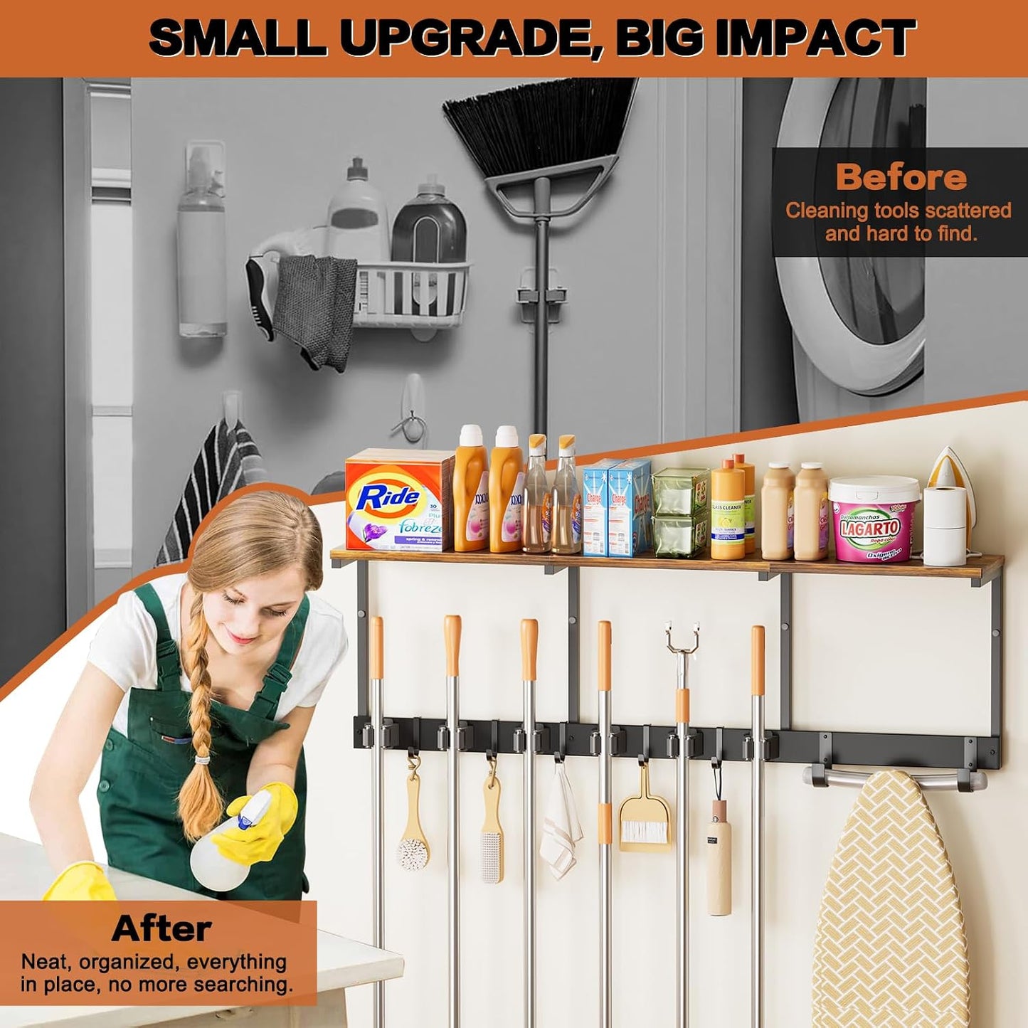 Broom Holder Wall Mount with Cleaning Supplies Organizer, Laundry Room Organization and Storage Shelves with Mop Hanger Rack Gripper Hooks, Utility Shelf Closet Organizer for Home Garage Kitchen