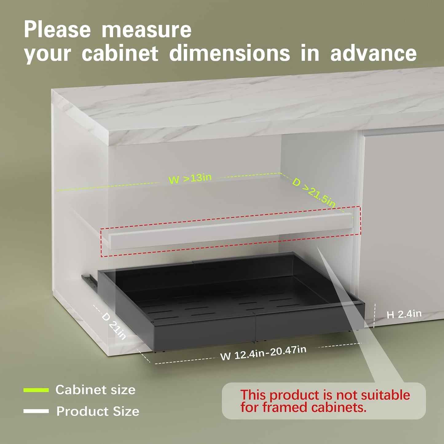 Seinloes 2 Pack Pull Out Cabinet Organizers 21"Deep with Raising Pad for Framed Cabinets,Expandable Slide Out Drawers Upgrade 3 Slide Rails,Roll Out Shelves Adhesive,Adjustable Width 12"-20.45" White