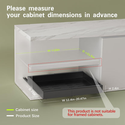 Seinloes 2 Pack Pull Out Cabinet Organizers 21"Deep with Raising Pad for Framed Cabinets,Expandable Slide Out Drawers Upgrade 3 Slide Rails,Roll Out Shelves Adhesive,Adjustable Width 12"-20.45" White