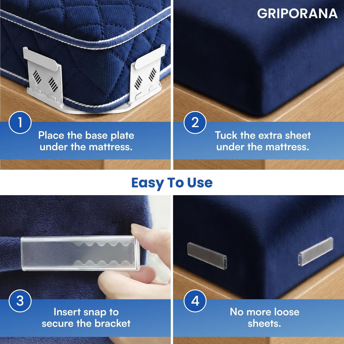 Bed Sheet Holders for Corners - Non Slip Mattress Sheet Gripper - Universal Sheet Holders - No Damage Bedding Holder - Strong 55kg Hold - Easy One-Time Installation - White Sheet Tucker Included