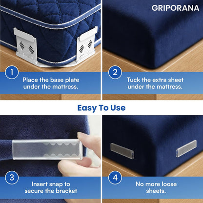 Bed Sheet Holders for Corners - Non Slip Mattress Sheet Gripper - Universal Sheet Holders - No Damage Bedding Holder - Strong 55kg Hold - Easy One-Time Installation - White Sheet Tucker Included