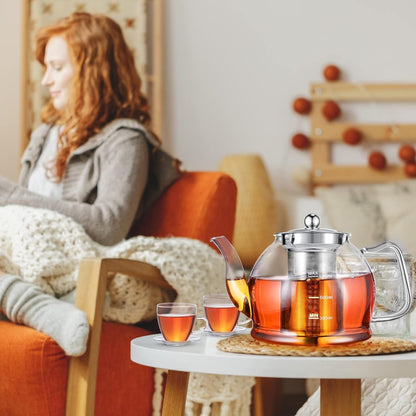 Glass Teapot, 40oz/1200ml Tea Pot with Removable Infuser for Loose Tea | Stovetop Safe Borosilicate Glass Tea Kettle with Strainer and Lid, Hand Crafted Clear Teapot with Scale Line,Tea Brewer Guide