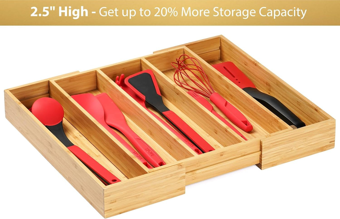 Large Expandable Kitchen Silverware Utensils Drawer Organizer, 2.5" Extra High Adjustable Drawer Divider with Curved Grooves, Bamboo Wood Cutlery Tray Flatware Holder