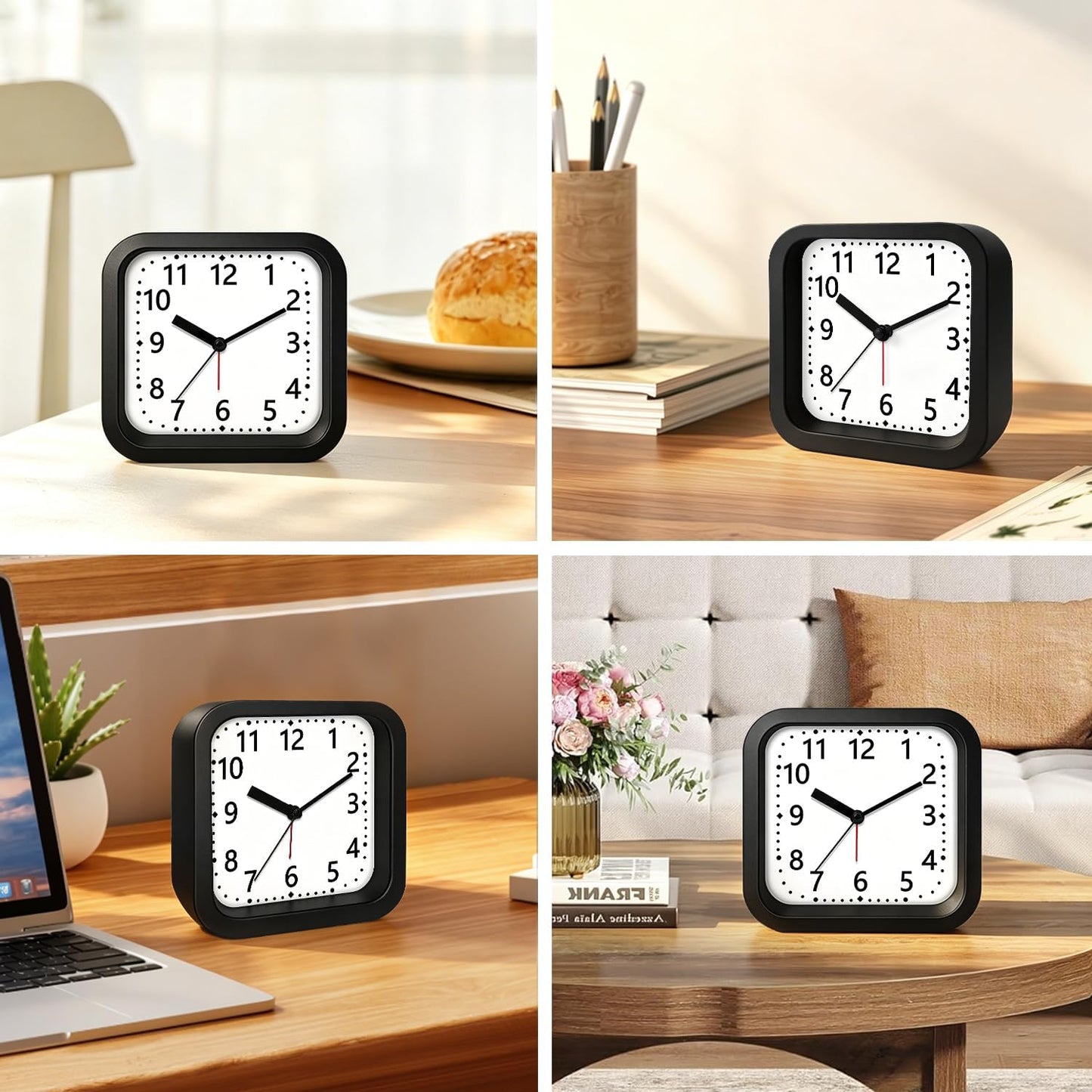 Loud Alarm Clock for Heavy Sleepers, 4.5" Simple Square Analog Alarm Clocks with Silent Movement Battery Operated Easy-to-Read Dial, Plastic Small Desk Clock for Bedroom Teens Seniors, Black