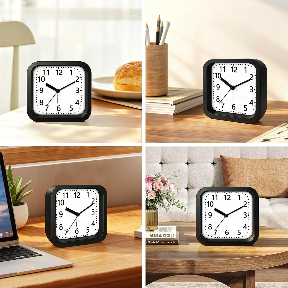 Loud Alarm Clock for Heavy Sleepers, 4.5" Simple Square Analog Alarm Clocks with Silent Movement Battery Operated Easy-to-Read Dial, Plastic Small Desk Clock for Bedroom Teens Seniors, Black