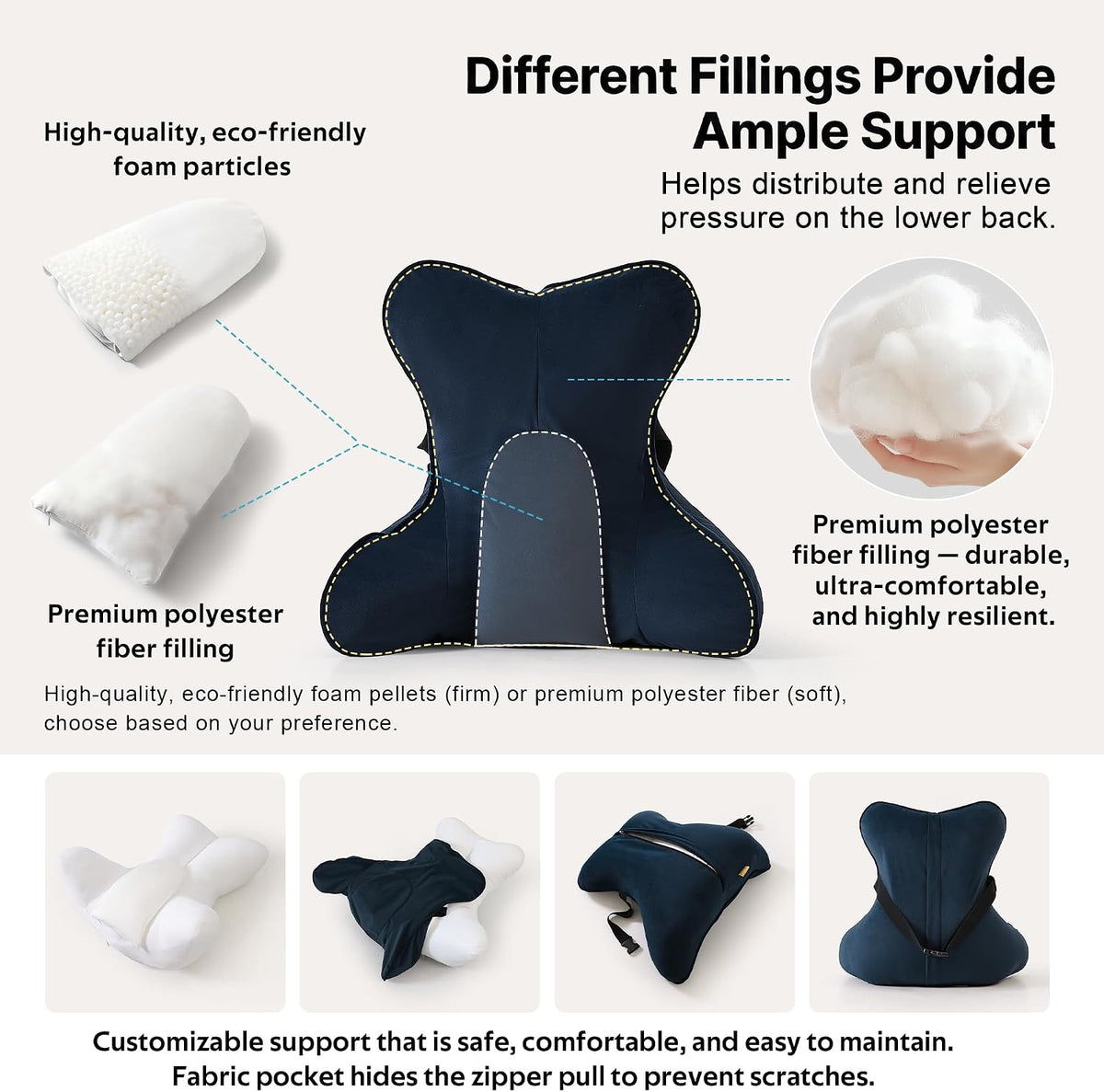 Lumbar Support Pillow(Pat. Pend) – Multi-Functional Ergonomic Back Cushion for Sofa Chair, Car Seat & Sofa, Reading Pillow with Firm Multi-Zone Support to Relieve Lower Back Pain, Misty White