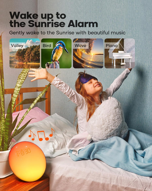 Dekala Smart Sunrise Alarm Clock with App Control& Bluetooth Speaker, Wake up Light Sunlight Sunset Lamp, White Noise Sound Machine, Night Light for Bedrooms, Alarms for Heavy Sleepers Kids & Adults