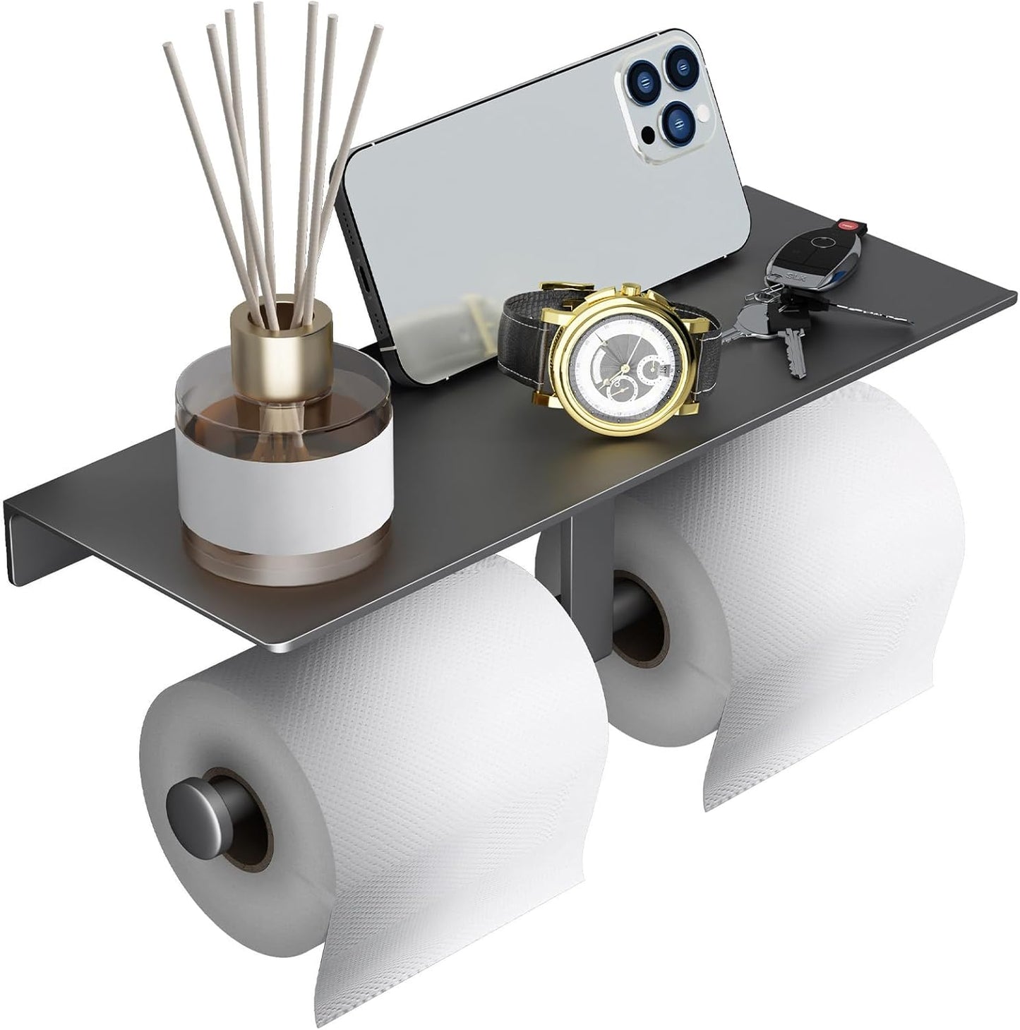 Matte Black Toilet Paper Holder with Shelf, Wall-Mounted Bathroom Organizer, Double Roll
