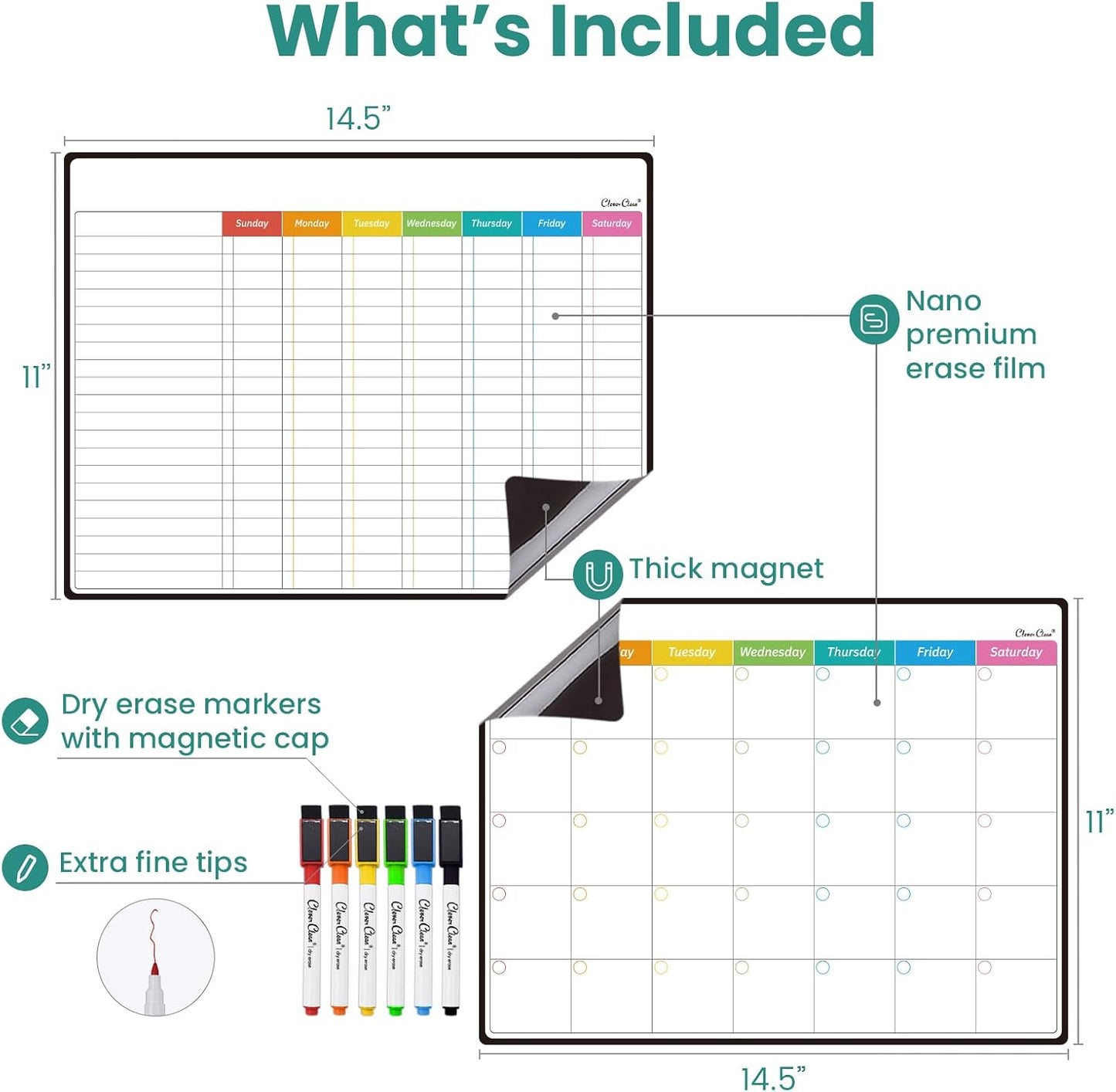Magnetic Dry Erase Weekly Calendar for Fridge - Large 17"x12" Magnetic Weekly Planning Board with Hourly Time Slots - 6 Extra Fine Point Markers Included