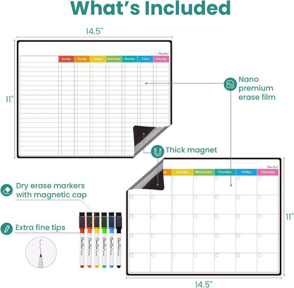 Magnetic Dry Erase Weekly Calendar for Fridge - Large 17"x12" Magnetic Weekly Planning Board with Hourly Time Slots - 6 Extra Fine Point Markers Included