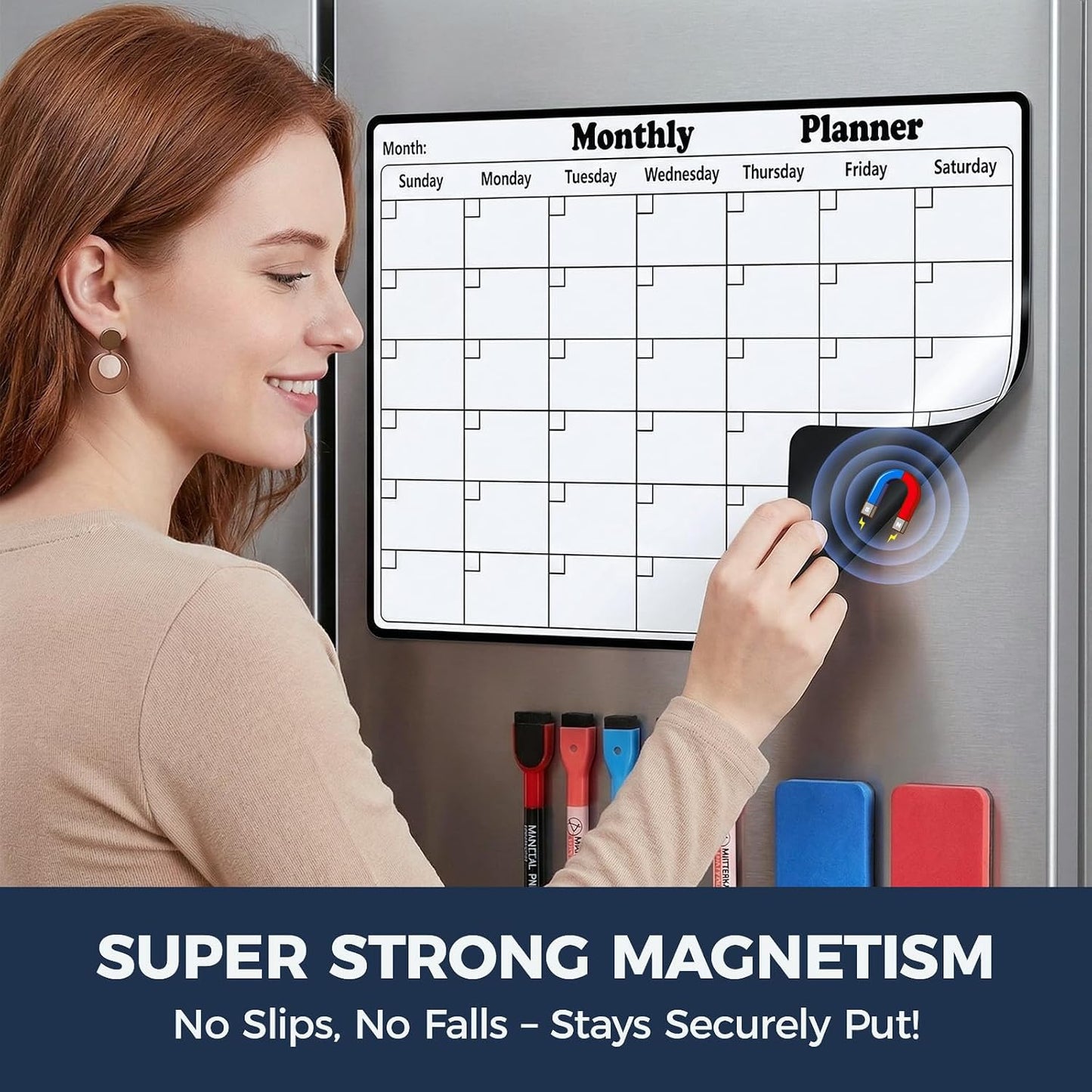 Magnetic Dry Erase Calendar for Refrigerator - 11"x8" Compact Fridge Whiteboard with 6 Markers & 2 Erasers, Weekly Planner, Sunday Start