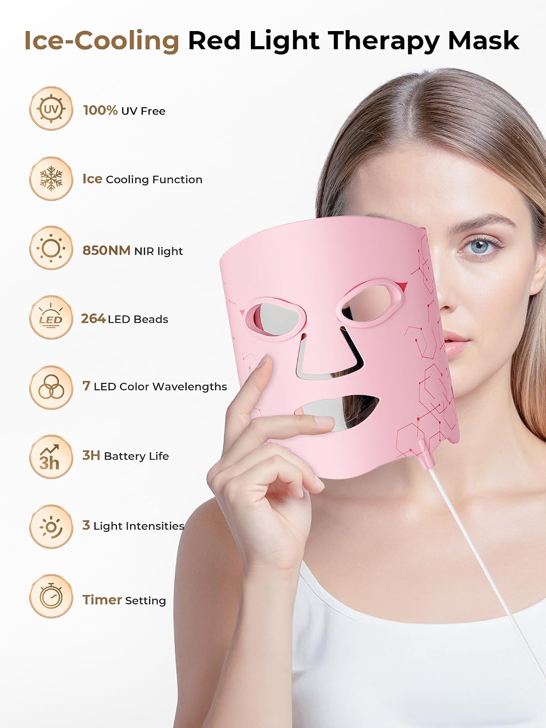 Red Light Therapy Mask with Cooling Gel Pack, 7-Color NIR 850nm LED Face Mask, LED Light Therapy Mask (E106A) with Rechargeable Remote - 180 Mins Use, Red Light Mask Home Travel Gift, Black