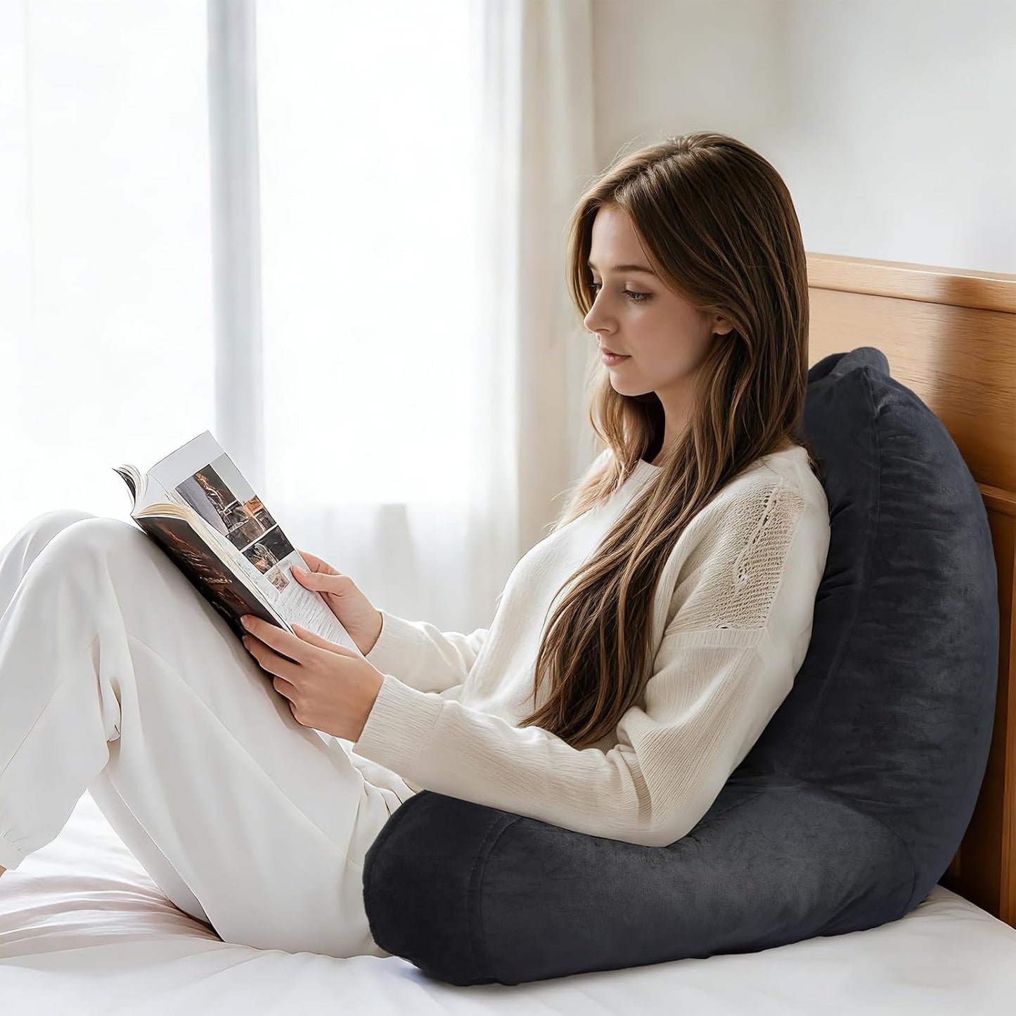 OAISZ Reading Pillow for Sitting in Bed with Shredded Memory Foam, Grey | 19-Inch Back Pillow for Sitting Up in Bed, Extended Arms, Side Pockets, Supportive Adjustable Pillow Removable Washable Cover