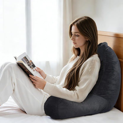 OAISZ Reading Pillow for Sitting in Bed with Shredded Memory Foam, Grey | 19-Inch Back Pillow for Sitting Up in Bed, Extended Arms, Side Pockets, Supportive Adjustable Pillow Removable Washable Cover