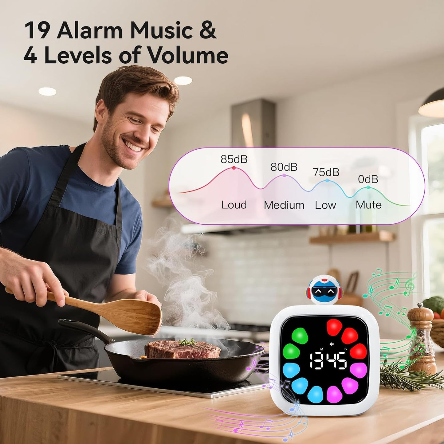 Yunbaoit Digital Visual Timer for Kids, 99-Minute Countdown, Rechargeable | 19 Music Alarm, Pause Function, 9 Optional DIY Color Planet Display, Robot Doll, for Study, Homeschool, Kitchen