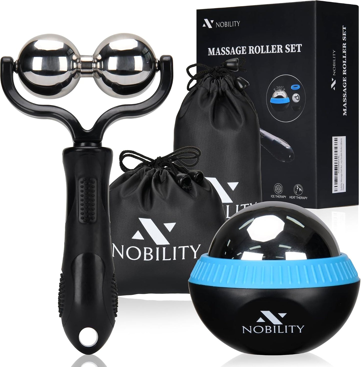 Nobility Massage Ball Roller– Ice Cold and Hot for Deep Tissue and Sore Muscle Relief of Stiffness and Stress, Body, Neck, Back, Foot, Plantar Double Black