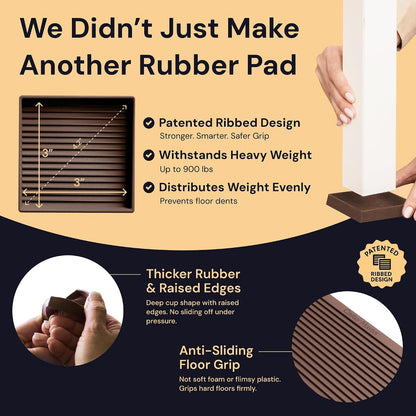 Non-Slip Furniture Pads - 4x4 in Brown, 4 Pack | Square rubber caster cups - anti-skid - Use for heavy sofas, beds & chairs on hardwood floors