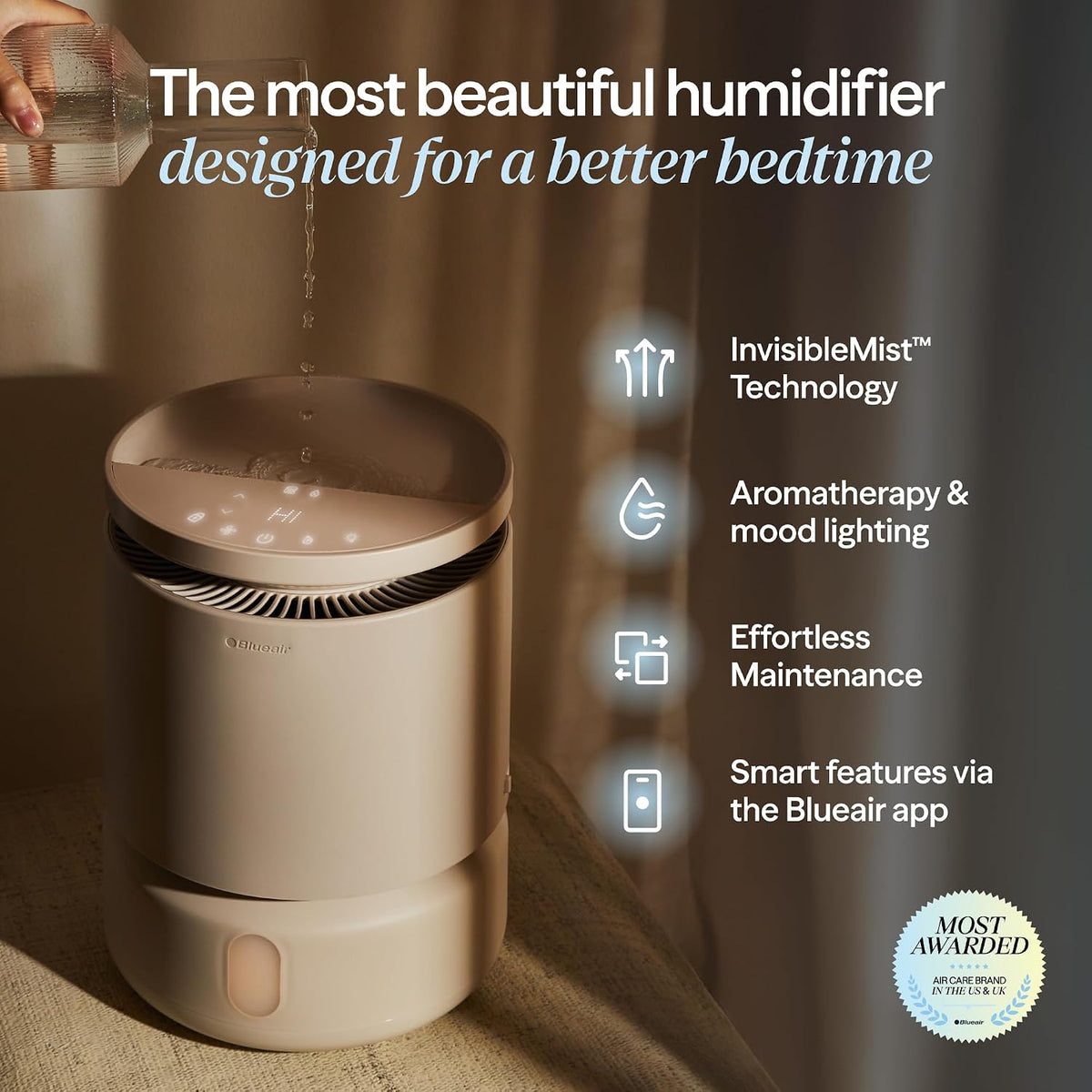 BLUEAIR 3.8L Top-Fill Humidifiers for Bedroom, 1 Gal, DreamWell H38i Grey