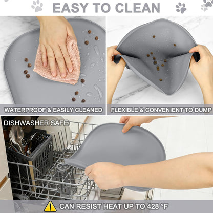 SMILOOL Waterproof Silicone Pet Food Mat with Raised Edge for Dog & Cat | 19" x 12" Non-Slip Pet Feeding Mats with Lip for Food & Water Bowl, Food Grade, Easy Cleaning, Black