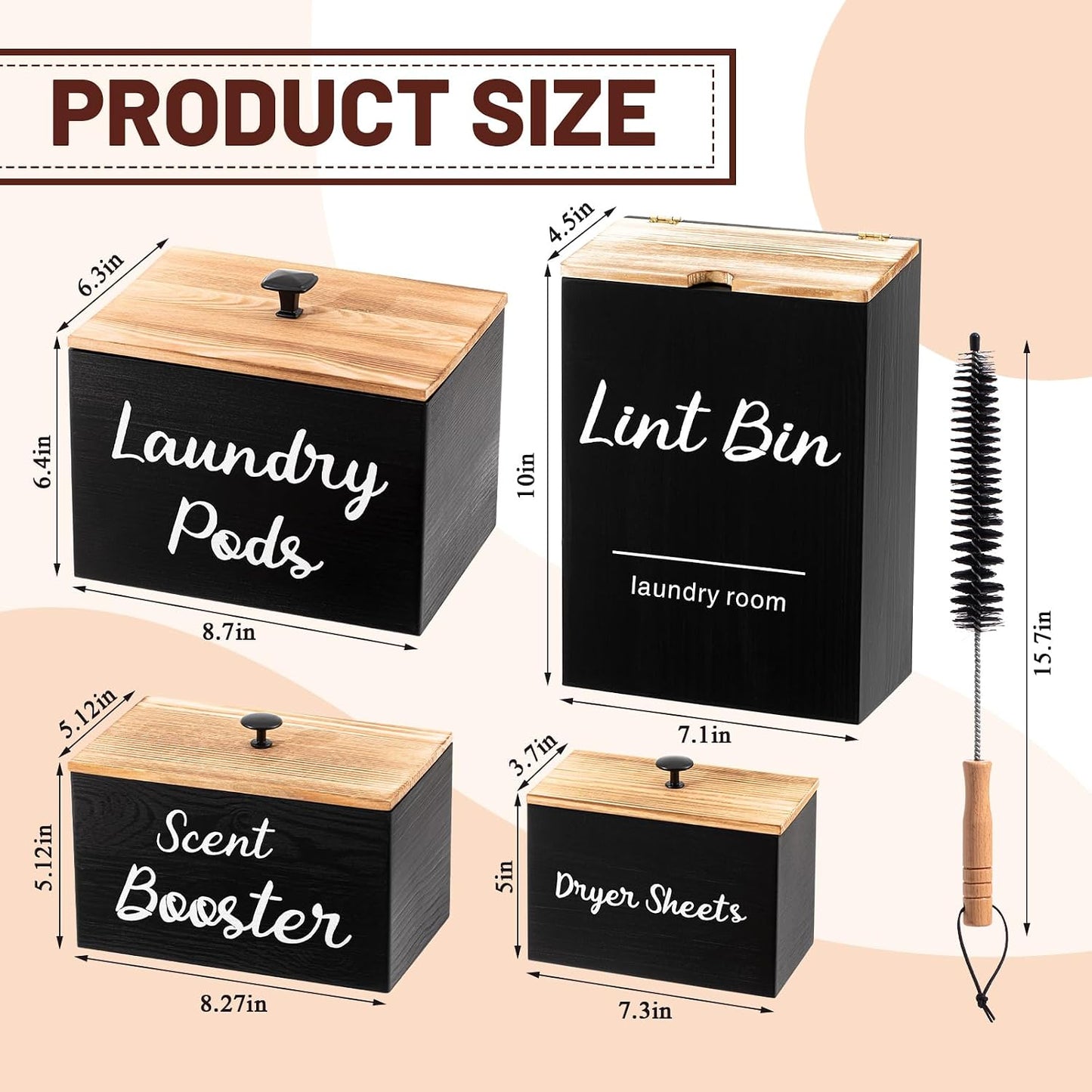 4 Pcs Magnetic Laundry Pod Holder Laundry Room Container Set, Lint Bin with Scoop and Brush Dryer Sheet Holder, Scent Booster Container Rustic Gift Wood Farmhouse Room Decorcontainer(Black)
