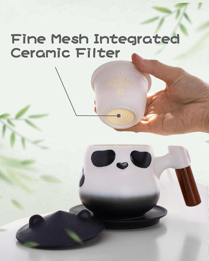 ZENS Tea Infuser Mug with Lid for Loose Leaf Tea Steeper, 11oz Panda | Embossed Ceramic Tea Infuser Mug with Fine Strainer for Herbal Tea Lovers Gifts, Nature Wood Handle