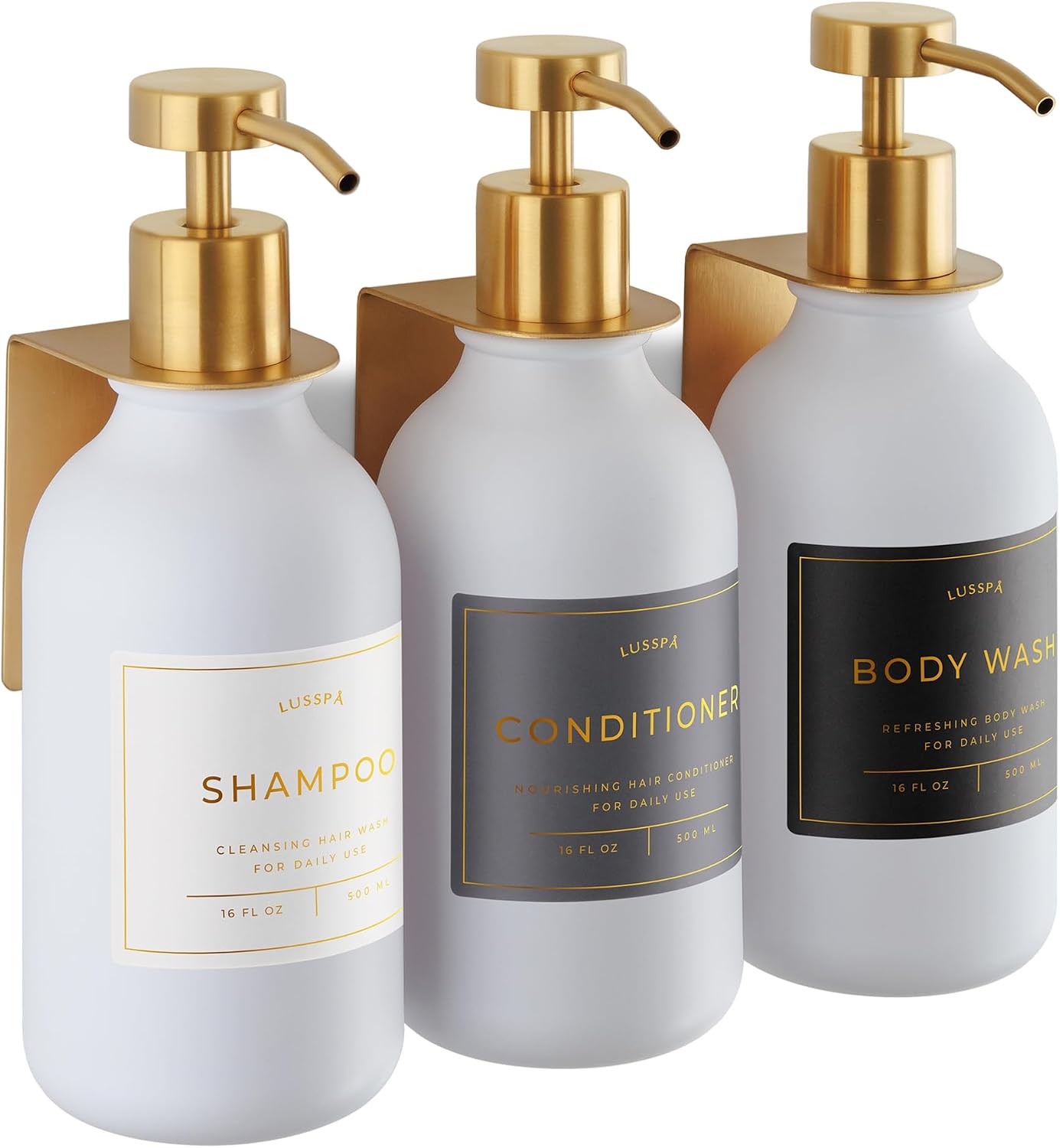 Shower Shampoo Dispenser Wall Mounted – 3 Refillable 16.9 oz Clear Bottles with Stainless Steel Pumps & No-Drill Adhesive Holders – Soap Dispenser Set for Bathroom (3 X Clear/Silver)